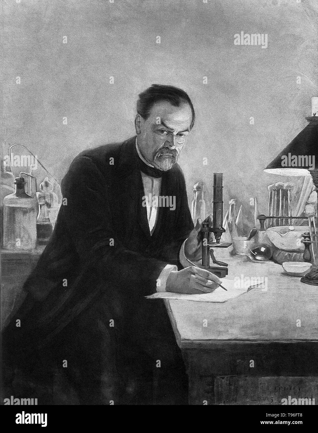 Louis Pasteur dans son laboratoire. Louis Pasteur (1822 -1895) était un chimiste français, et qui a fondé le bactériologiste La science de la microbiologie. Pasteur découvrit que la maladie peut être causée par une bactérie transmise de personne à personne (la théorie des germes de maladies). Il a également mis au point des vaccins contre la rage et de l'anthrax. Pasteur a également constaté que le chauffage des aliments et boissons à la légère pouvait les préserver de la dégradation. Ce processus de pasteurisation est maintenant largement utilisé dans l'industrie alimentaire. Illustration par E. L. Banque D'Images