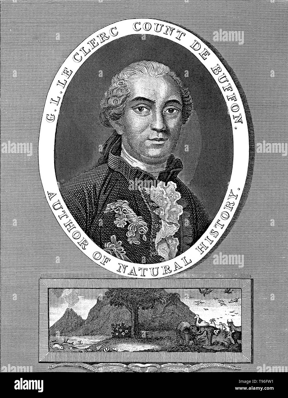 Georges Louis Leclerc, Comte de Buffon (7 septembre 1707 - 16 avril 1788) était un naturaliste français, mathématicien, cosmologiste, encyclopédique et auteur. 100 ans avant Darwin, Buffon publie son Histoire Naturelle, une encyclopédie volume 44 décrivant toutes les connaissances sur le monde naturel ; il luttait avec les similitudes des humains et des singes et même parlé d'origine commune de l'homme et les singes, mais a finalement rejeté l'idée d'une origine commune. Il est mort en 1788 à l'âge de 80 ans. Banque D'Images