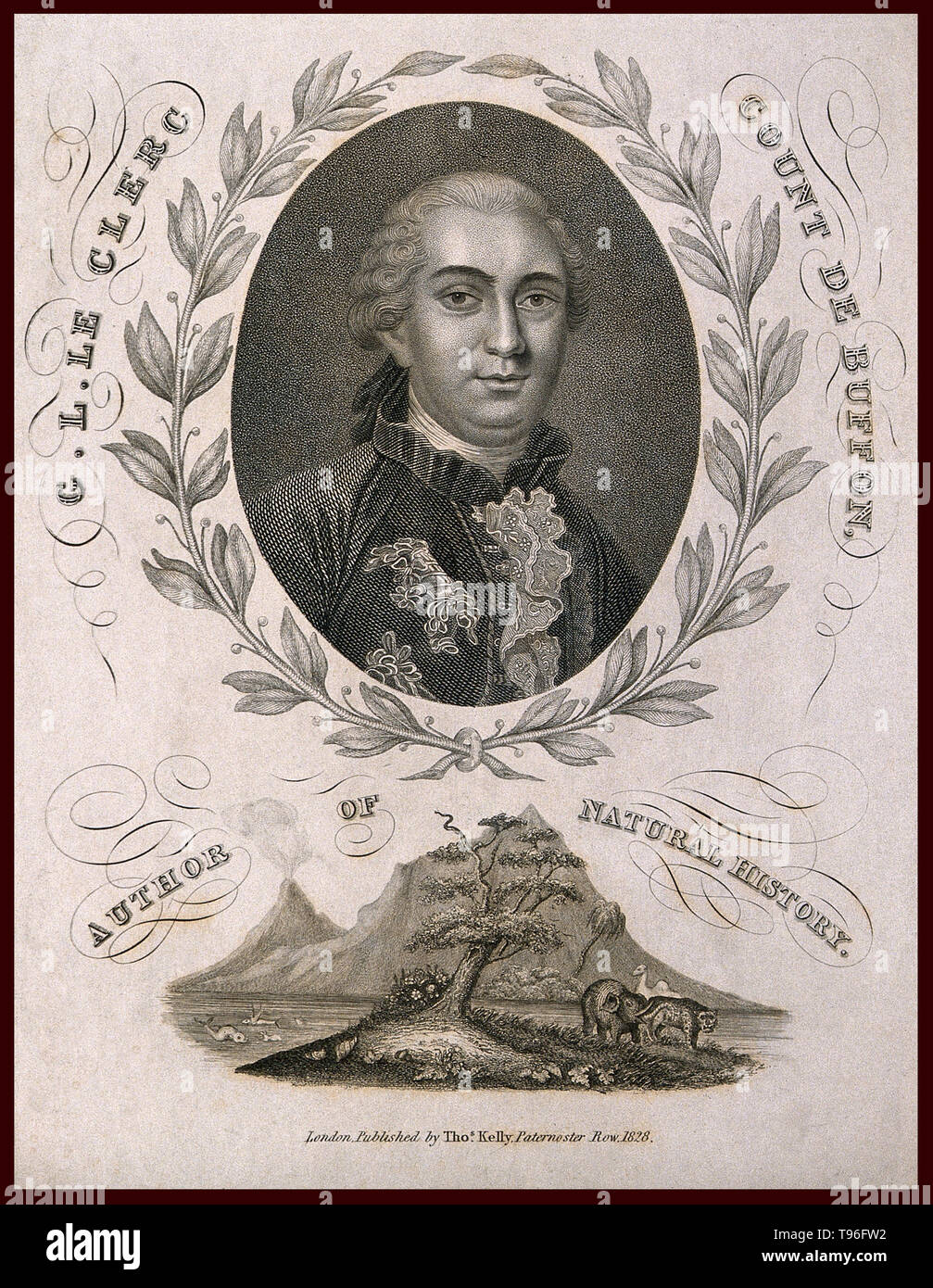 Georges Louis Leclerc, Comte de Buffon (7 septembre 1707 - 16 avril 1788) était un naturaliste français, mathématicien, cosmologiste, encyclopédique et auteur. 100 ans avant Darwin, Buffon publie son Histoire Naturelle, une encyclopédie volume 44 décrivant toutes les connaissances sur le monde naturel ; il luttait avec les similitudes des humains et des singes et même parlé d'origine commune de l'homme et les singes, mais a finalement rejeté l'idée d'une origine commune. Il est mort en 1788 à l'âge de 80 ans. Banque D'Images