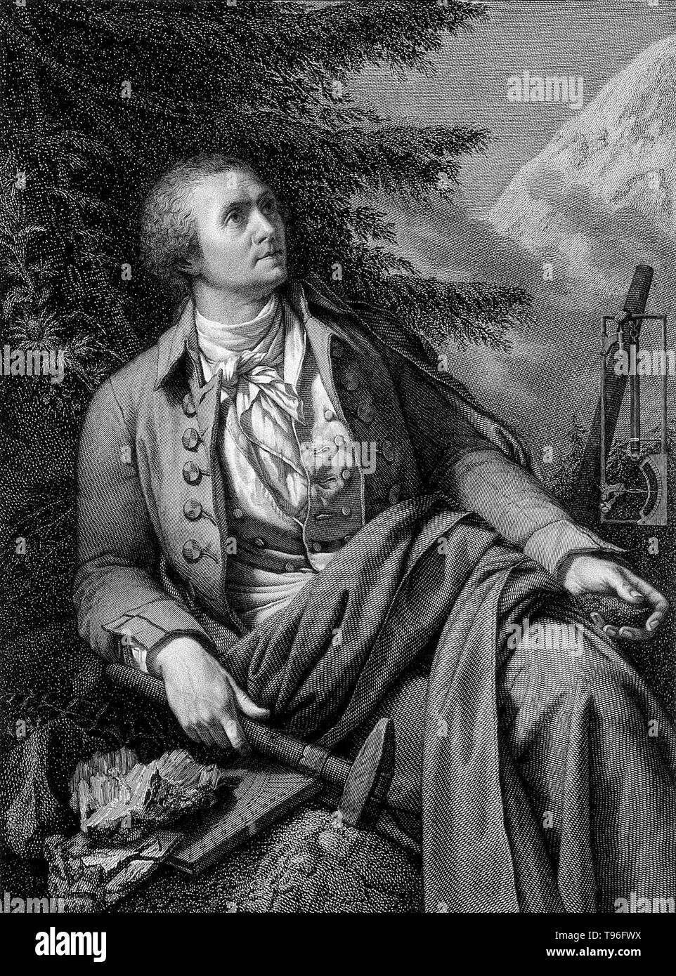Horace-Bénédict de Saussure (Février 17, 1740 - janvier 22, 1799) était un géologue genevois, météorologue, physicien, alpiniste et explorateur alpin, souvent appelé le fondateur de l'alpinisme et de la météorologie moderne. Il a examiné de près l'inclinaison des strates, la nature des roches, les fossiles et les minéraux des Alpes. Banque D'Images