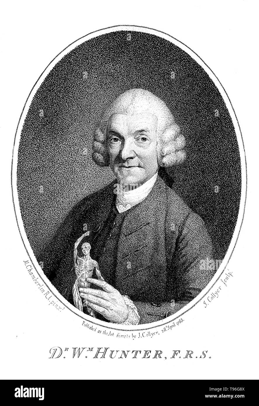 William Hunter (23 mai 1718 - 30 mars 1783) était un médecin et anatomiste écossais. Hunter a été formé à l'anatomie à la St George's Hospital, Londres, spécialisée en obstétrique. Ses manières courtoises et sensé jugement lui ont permis d'avancer jusqu'à ce qu'il devint le premier consultant en obstétrique de Londres. Sa plus grande œuvre était l'utérus Anatomia umani gravidi (l'anatomie de l'utérus gravide expose en chiffres), avec des plaques gravée par Rymsdyk, et publié par la presse Baskerville en 1774. Banque D'Images