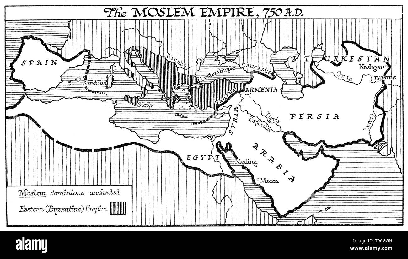 Le califat omeyyade omeyyade () était le deuxième des quatre grands califats établi après la mort de Mahomet. Le califat était gouverné par la dynastie Omeyyade, originaire de La Mecque. La Syrie est restée l'Umayyads' par la suite, la base de l'alimentation principale et de Damas était leur capitale. Les Omeyyades ont continué les conquêtes musulmanes, l'intégration de la Transoxiane, Sindh, au Maghreb et dans la péninsule ibérique (Al-Andalus) dans le monde musulman. Banque D'Images