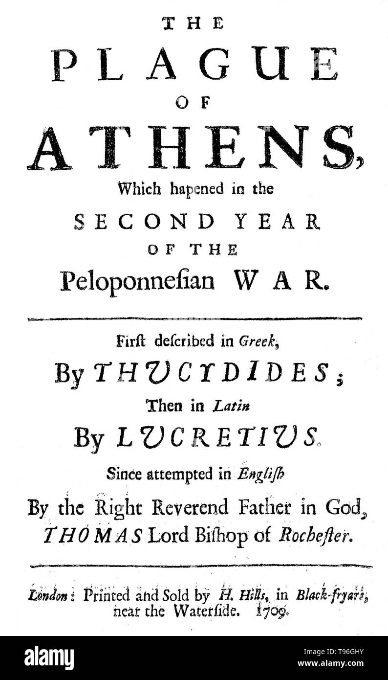La peste d'Athènes était une épidémie qui a ravagé la ville-état d'Athènes dans la Grèce antique au cours de la deuxième année de la guerre du Péloponnèse (430 BC) lorsqu'une victoire athénienne semblait toujours à portée de main. Il est soupçonné d'avoir saisi par le biais d'Athènes Le Pirée, le port de la ville et l'unique source de nourriture et de fournitures. Thucydide déclare que les personnes craignant la loi a cessé depuis qu'ils se sentaient déjà vivant sous une sentence de mort. De même, les gens ont commencé à dépenser de l'argent sans discernement. Banque D'Images