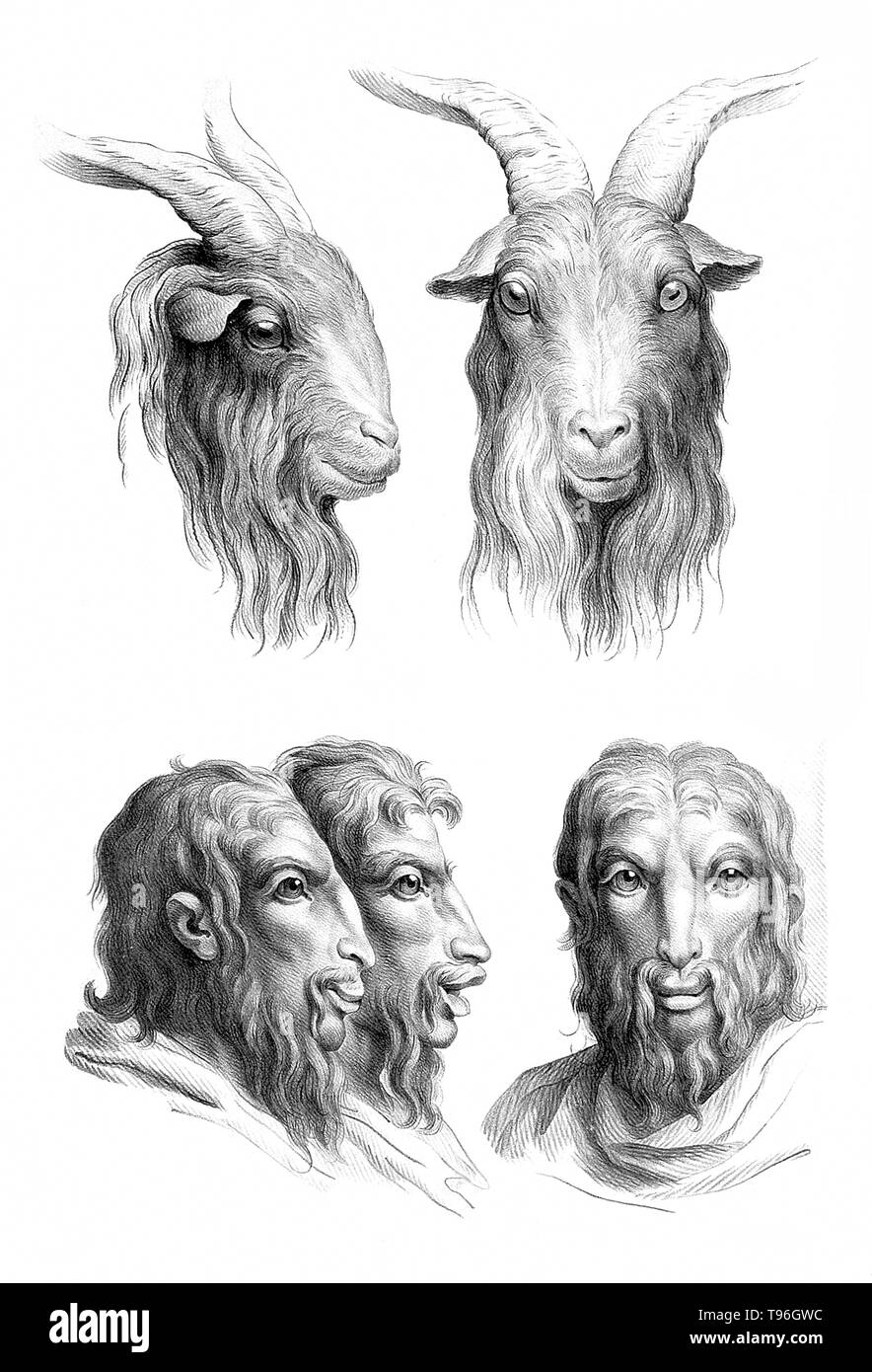 L'objectif de physiognomy est à juger les gens en fonction de caractéristiques du visage. Charles Le Brun (24 février 1619 - 12 février 1690) était un peintre français, théoricien d'art, décorateur et peintre de la cour de Louis XIV. Banque D'Images