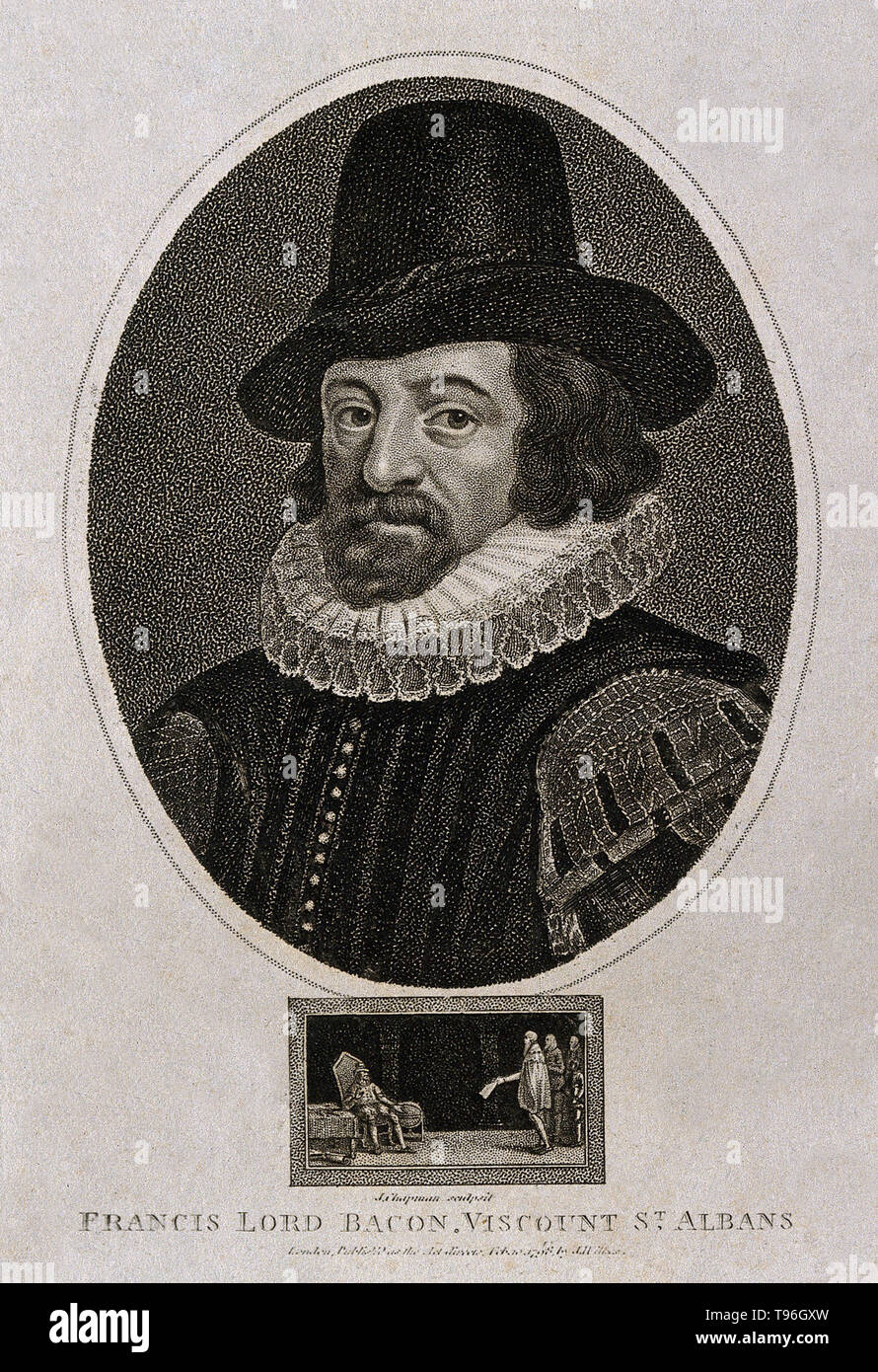 Francis Bacon, vicomte de St Alban. Francis Bacon (le 22 janvier 1561 - 9 avril 1626) était un philosophe anglais, homme d'État, scientifique, avocat, juriste, auteur et pionnier de la méthode scientifique. Il a servi en tant que procureur général et Lord Chancelier d'Angleterre. Sa carrière politique a pris fin en disgrâce en 1621. Après il est tombé dans l'endettement, un comité parlementaire sur l'administration de la loi l'a accusé de vingt-trois chefs d'accusation de corruption. Banque D'Images