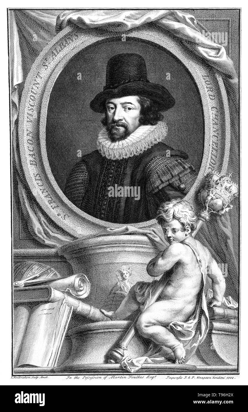 Francis Bacon, vicomte de St Albans. Francis Bacon (le 22 janvier 1561 - 9 avril 1626) était un philosophe anglais, homme d'État, scientifique, avocat, juriste, auteur et pionnier de la méthode scientifique. Il a servi en tant que procureur général et Lord Chancelier d'Angleterre. Sa carrière politique a pris fin en disgrâce en 1621. Après il est tombé dans l'endettement, un comité parlementaire sur l'administration de la loi l'a accusé de vingt-trois chefs d'accusation de corruption. Banque D'Images