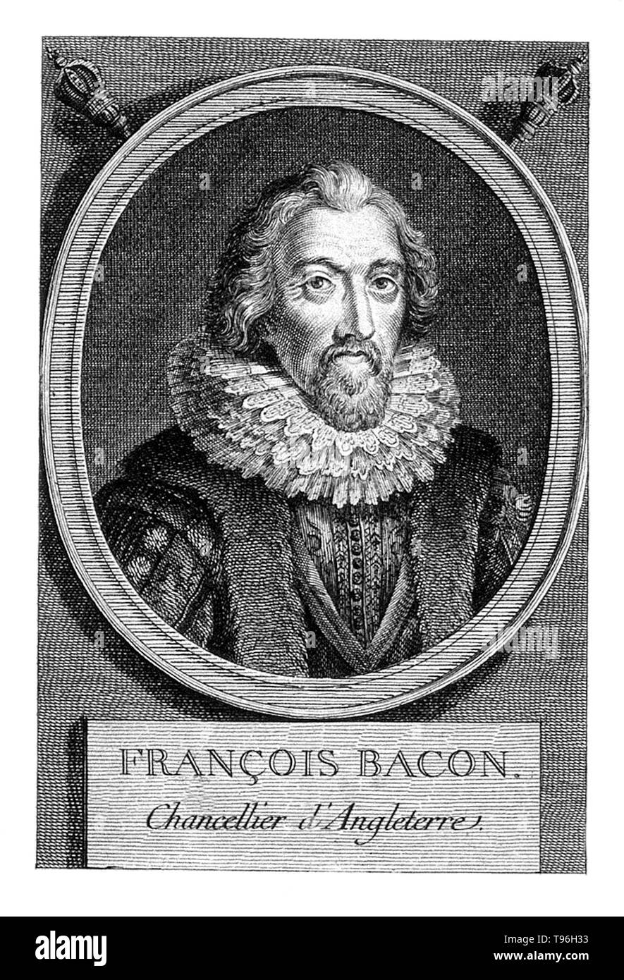 François Bacon, vicomte de St Alban. Francis Bacon (le 22 janvier 1561 - 9 avril 1626) était un philosophe anglais, homme d'État, scientifique, avocat, juriste, auteur et pionnier de la méthode scientifique. Il a servi en tant que procureur général et Lord Chancelier d'Angleterre. Sa carrière politique a pris fin en disgrâce en 1621. Après il est tombé dans l'endettement, un comité parlementaire sur l'administration de la loi l'a accusé de vingt-trois chefs d'accusation de corruption. Banque D'Images