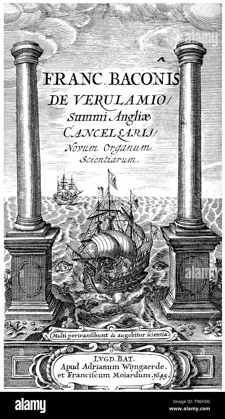 Frontispice d'instauratio Magna,1645. Francis Bacon (le 22 janvier 1561 - 9 avril 1626) était un philosophe anglais, homme d'État, scientifique, avocat, juriste, auteur et pionnier de la méthode scientifique. Il a servi en tant que procureur général et Lord Chancelier d'Angleterre. Sa carrière politique a pris fin en disgrâce en 1621. Après il est tombé dans l'endettement, un comité parlementaire sur l'administration de la loi l'a accusé de vingt-trois chefs d'accusation de corruption. Banque D'Images