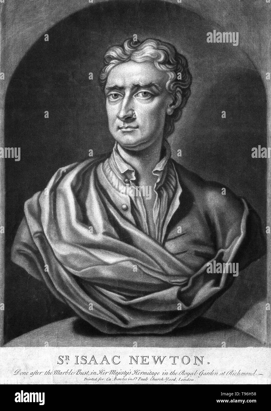 Isaac Newton (25 décembre 1642 - 20 mars 1727) était un physicien, mathématicien, astronome, philosophe naturel, alchimiste, et théologien. Sa monographie ''Philosophiae Naturalis Principia Mathematica'', publié en 1687, pose les bases pour la plupart de la mécanique classique. Dans ce travail, Newton a décrit la gravitation universelle et les trois lois du mouvement, qui a dominé la vision scientifique de l'univers physique pour les trois siècles. Banque D'Images