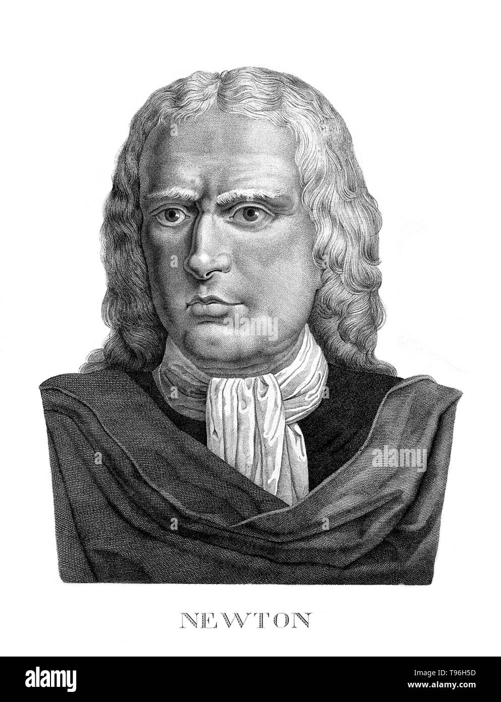 Isaac Newton (25 décembre 1642 - 20 mars 1727) était un physicien, mathématicien, astronome, philosophe naturel, alchimiste, et théologien. Sa monographie ''Philosophiae Naturalis Principia Mathematica'', publié en 1687, pose les bases pour la plupart de la mécanique classique. Dans ce travail, Newton a décrit la gravitation universelle et les trois lois du mouvement, qui a dominé la vision scientifique de l'univers physique pour les trois siècles. Banque D'Images