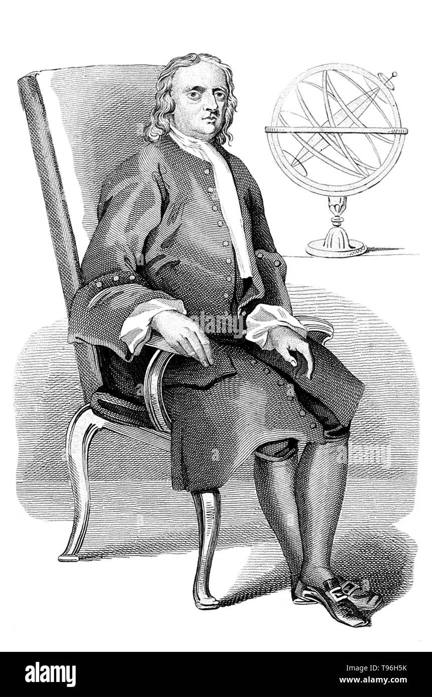 Isaac Newton (25 décembre 1642 - 20 mars 1727) était un physicien, mathématicien, astronome, philosophe naturel, alchimiste, et théologien. Sa monographie ''Philosophiae Naturalis Principia Mathematica'', publié en 1687, pose les bases pour la plupart de la mécanique classique. Dans ce travail, Newton a décrit la gravitation universelle et les trois lois du mouvement, qui a dominé la vision scientifique de l'univers physique pour les trois siècles. Banque D'Images