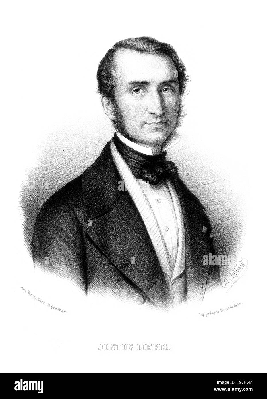 Justus von Liebig (12 mai 1803 - 18 avril 1873) était un chimiste allemand qui a fait d'importantes contributions à la chimie biologique et agricole, et a travaillé sur l'organisation de la chimie organique. Il a conçu le laboratoire moderne méthode d'enseignement axés sur et est considéré comme l'un des plus grands professeurs de chimie de tous les temps. Il est connu comme le ''père de l'industrie des engrais'' pour sa découverte de l'azote comme un élément nutritif essentiel, et sa formulation de la loi du minimum qui décrit l'effet des différents nutriments sur les cultures. Il est mort en 1873 à l'âge de 69 ans. Lithogr Banque D'Images