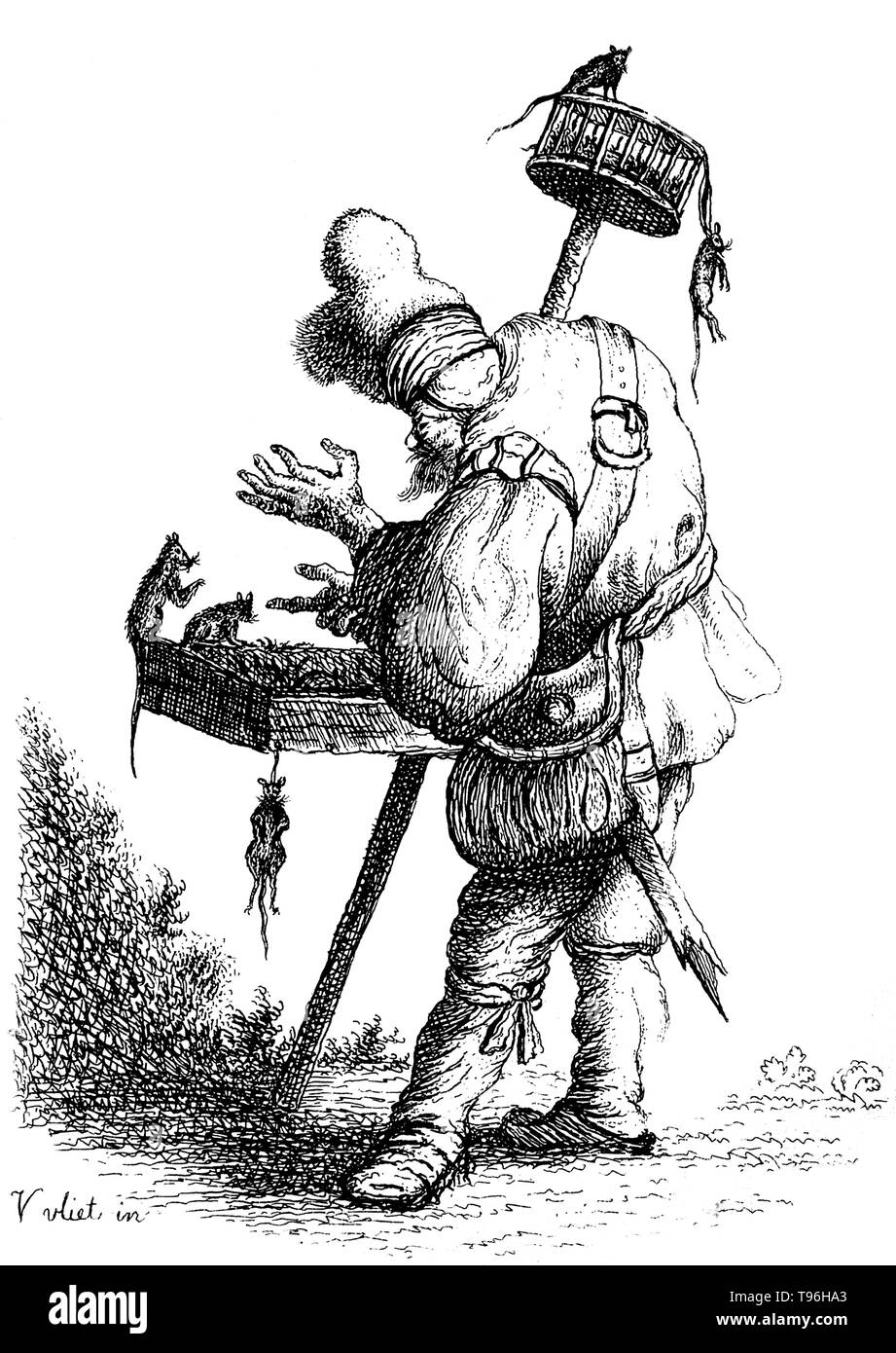 Un rat-catcher incitant à des rats dans un bac qui est attaché autour de son épaule, il est également titulaire d'un poteau avec une cage sur le dessus de celui-ci dans laquelle les rats sont pris au piège. Un rat-catcher est une personne qui pratique le rat-attraper comme un professionnel sous forme de lutte contre les ravageurs. Le maintien de la population de rats sous contrôle a été pratiqué en Europe pour empêcher la propagation de maladies, la plus connue étant la Peste noire, et pour protéger l'approvisionnement alimentaire. Dans les pays développés, par un professionnel est autrement connu comme un dispositif de lutte contre les ravageurs nuisibles ou technicien. Rat-catchers peut tenter de capturer les rats eux-mêmes, ou relea Banque D'Images
