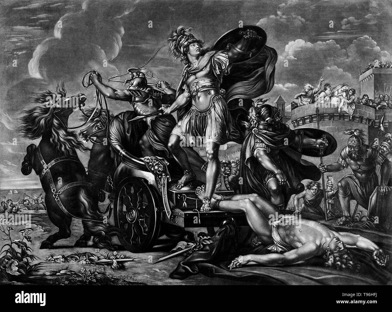 En faisant glisser le corps d'Achille d'Hector autour de Troie. Dans la mythologie grecque, Achille était un héros grec de la guerre de Troie, le personnage central et le plus grand guerrier de l'Iliade. Que l'état a été légendes Achille invulnérable dans tous ses corps, sauf sur le talon. Il est mort à cause d'une petite blessure sur son talon, d'où le terme d'achille est venu à signifier la principale faiblesse. Hector était un prince troyen et le plus grand combattant pour Troie. Banque D'Images