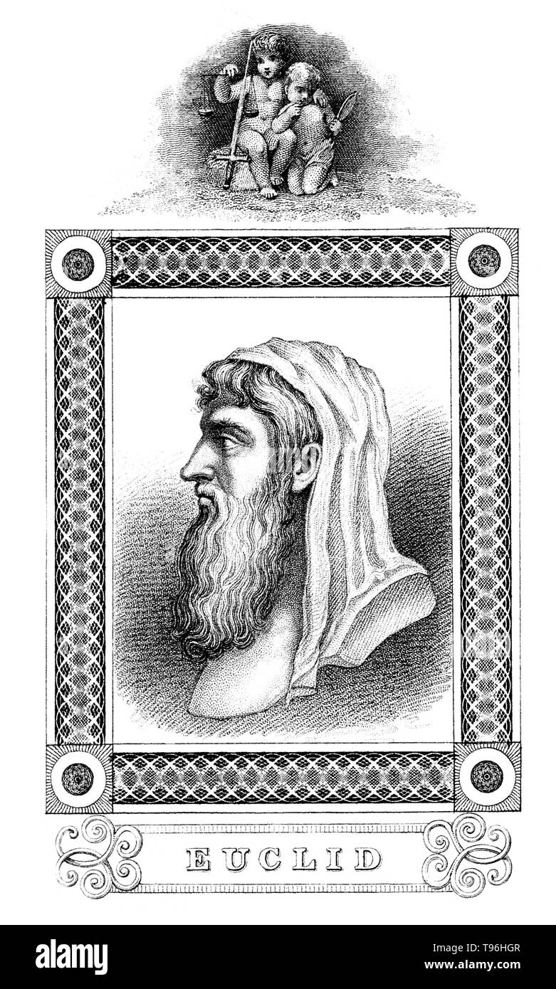 Euclid (sens, bonne gloire, 300 avant J.-C.) était un mathématicien grec, souvent appelé le ''père de la géométrie''. On sait peu de choses sur sa vie. La date et le lieu de naissance d'Euclide et la date et les circonstances de sa mort sont inconnus. Pas de ressemblance ou la description de l'apparence physique d'Euclid faites pendant sa vie a survécu à l'antiquité. Par conséquent, l'inscription d'Euclide sur les œuvres d'art est le produit de l'imaginaire de l'artiste. Banque D'Images