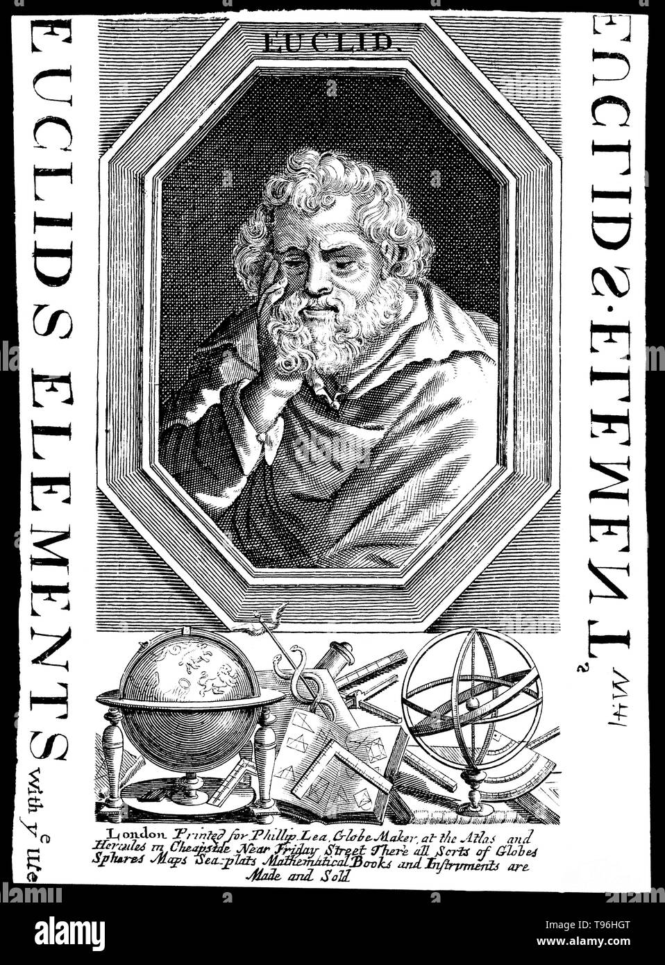 Euclid (sens, bonne gloire, 300 avant J.-C.) était un mathématicien grec, souvent appelé le ''père de la géométrie''. On sait peu de choses sur sa vie. La date et le lieu de naissance d'Euclide et la date et les circonstances de sa mort sont inconnus. Pas de ressemblance ou la description de l'apparence physique d'Euclid faites pendant sa vie a survécu à l'antiquité. Par conséquent, l'inscription d'Euclide sur les œuvres d'art est le produit de l'imaginaire de l'artiste. Banque D'Images