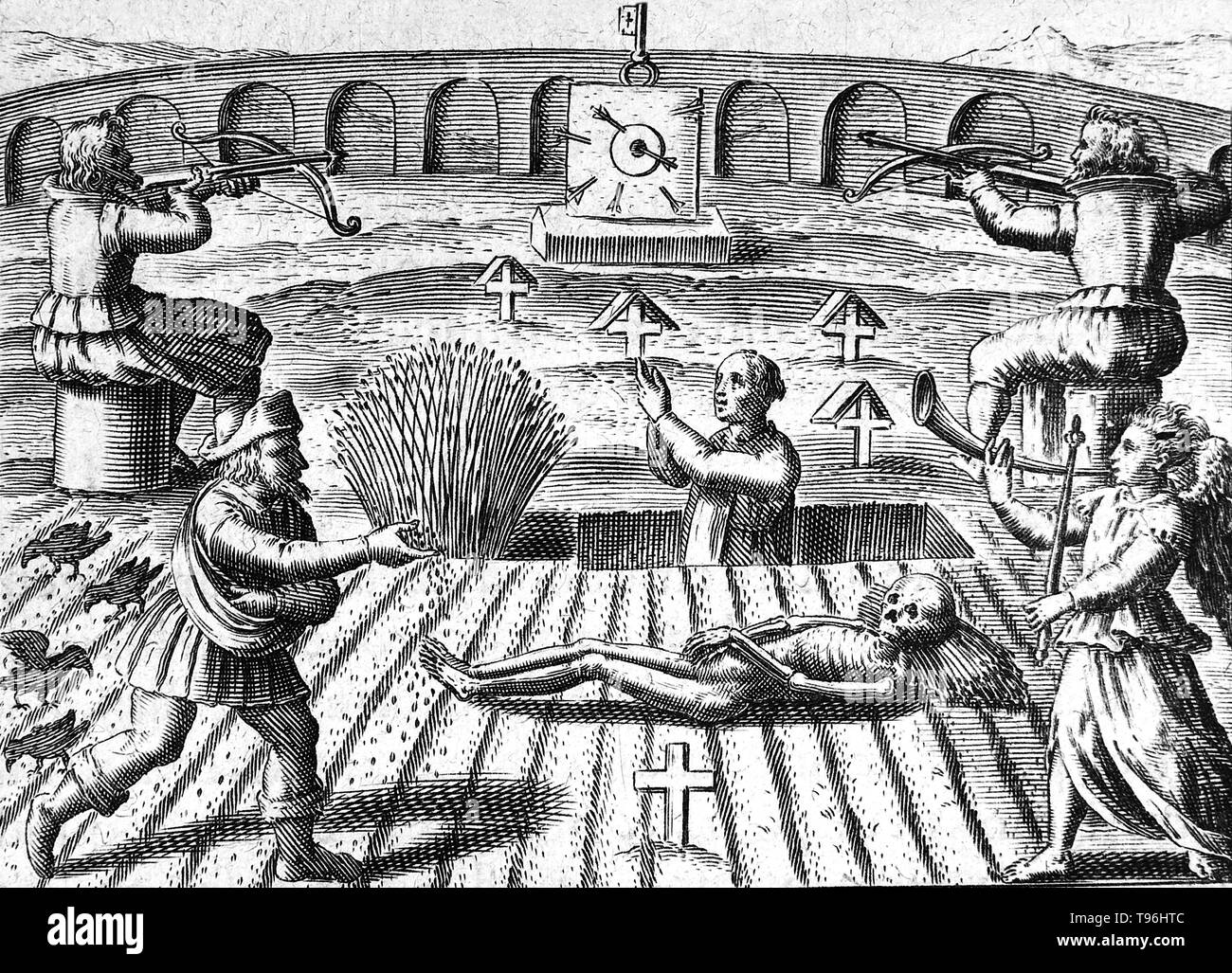 La huitième clé de Basile Valentin du "douze touches de Basile Valentin, d' un travail alchimique d'abord publié en 1599 par Johann Thölde. Il traite des principes alchimiques générales. Chaque chapitre, ou 'key', est une description allégorique d'une étape dans le processus de création de la pierre philosophale, une substance alchimique légendaire capable de transformer les métaux de base en or. Banque D'Images