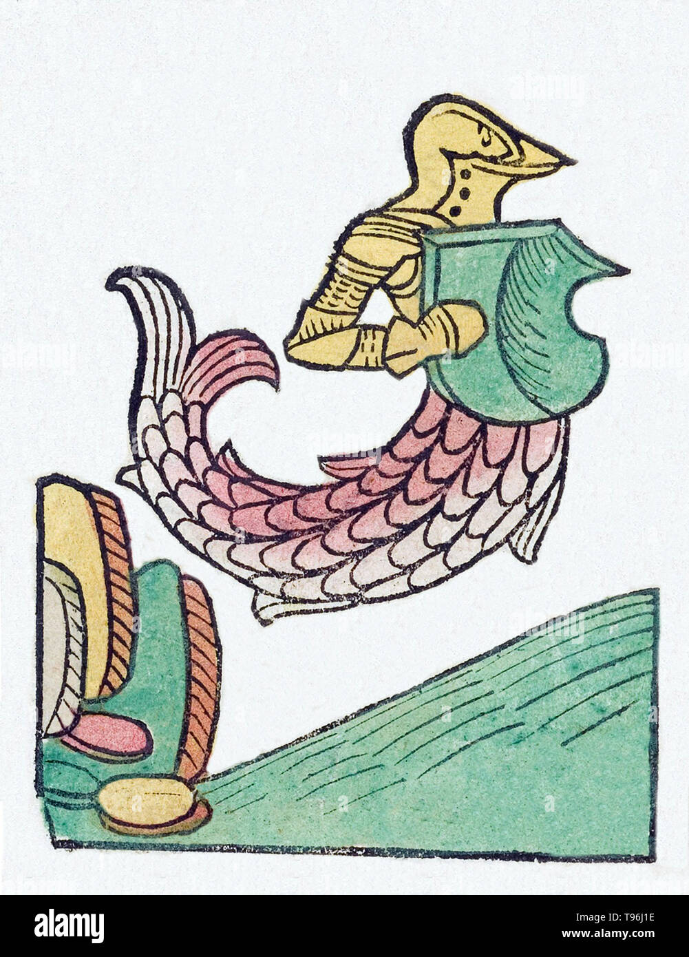 Un zitiron ou la mer, chevalier, est une créature mythologique qui a un haut du corps sous la forme d'un chevalier armé, fusionné avec la queue d'un poisson. L'Hortus Sanitatis (Jardin de la santé), la première encyclopédie d'histoire naturelle, a été publié par Jacob Meydenbach en Allemagne, 1491. Il décrit des plantes et animaux (à la fois réelle et mythique) avec minéraux et de divers métiers, avec leur valeur thérapeutique et de la méthode de préparation. La gravure sur bois à la main, les illustrations sont stylisées mais souvent facilement reconnaissable. L'édition 1547. Banque D'Images