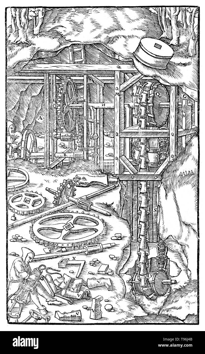 Gravure sur bois à partir De Re Metallica. Machine pour l'élaboration de l'eau. Georgius Agricola (Mars 24, 1494 - Novembre 21, 1555) était un scientifique et chercheur allemand, connu comme ''le père de la minéralogie''. En 1556 il publie son ouvrage De Re Metallica, un traité sur l'exploitation minière et la métallurgie extractive, de gravures sur bois illustrant les processus pour extraire des minerais depuis le sol et le métal du minerai, et les nombreuses utilisations des moulins à eau dans l'exploitation minière. Banque D'Images