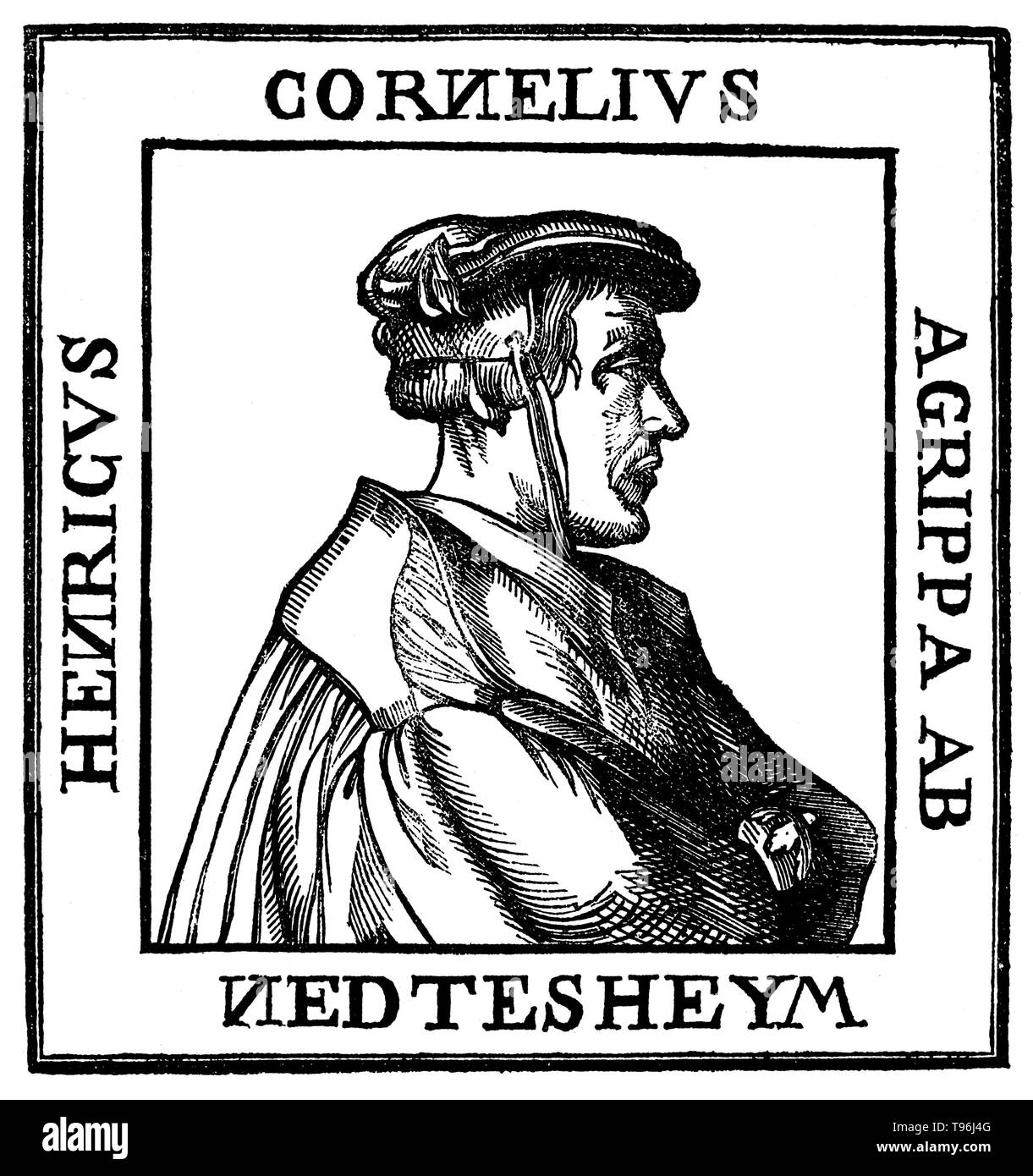 Heinrich Cornelius Agrippa von Nettesheim (Septembre 14, 1486 - février 18, 1535) était un écrivain allemand magicien, occultisme, théologien, astrologue et alchimiste. En 1510, il a étudié brièvement avec Johannes Trithemius, Agrippa et lui a envoyé une première ébauche de son chef-d'oeuvre, De occulta philosophia libri tres ; une étude de l'elemental, céleste, et de la magie. Banque D'Images