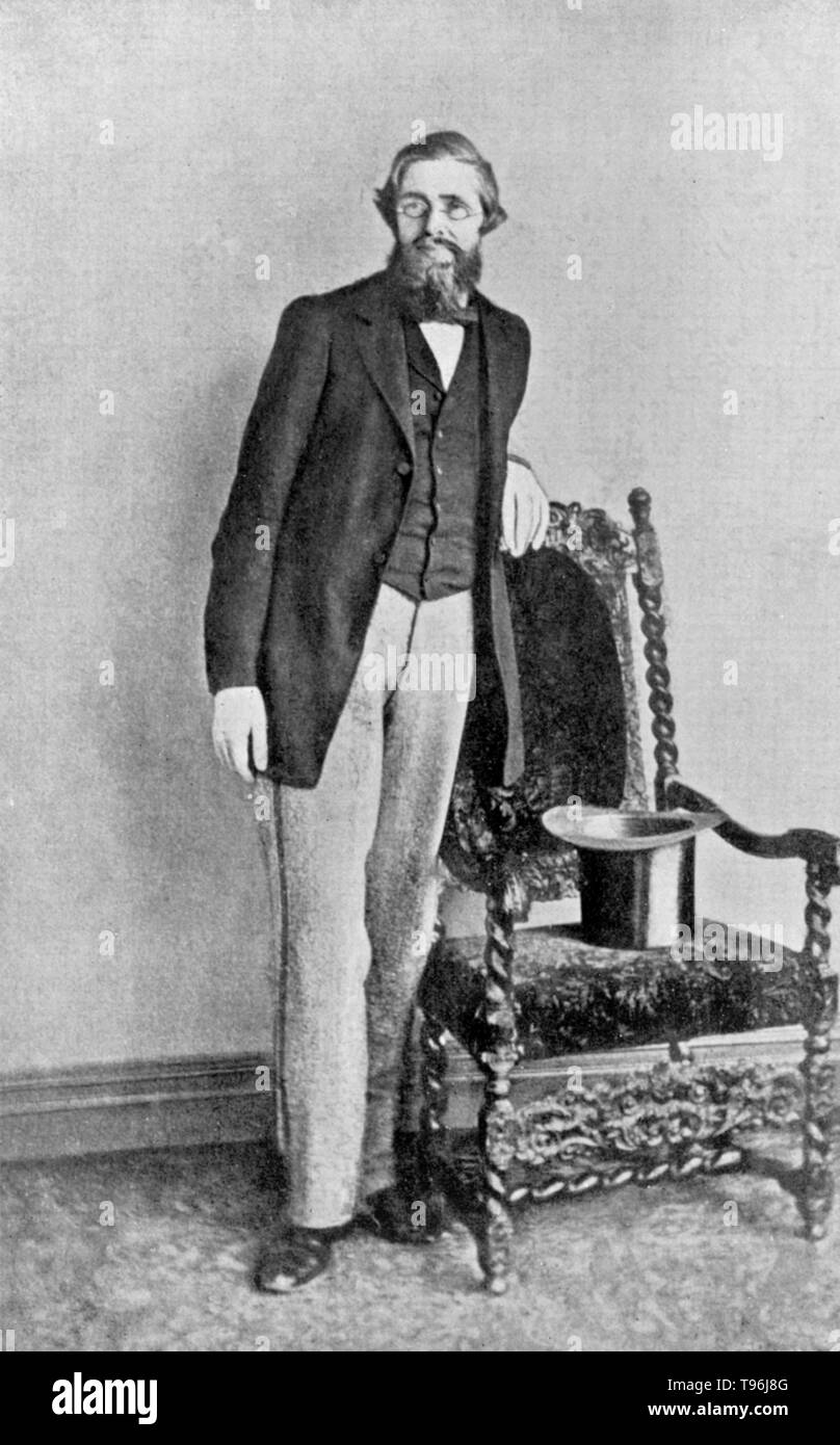 Portrait de Russell Wallace peu après son retour de l'Est. Alfred Russel Wallace (8 janvier 1823 - 7 novembre 1913) était un naturaliste, géographe, explorateur, anthropologue et biologiste. Il est surtout connu pour proposer de façon indépendante une théorie de l'évolution due à la sélection naturelle qui a poussé Charles Darwin à publier sa propre théorie. Banque D'Images