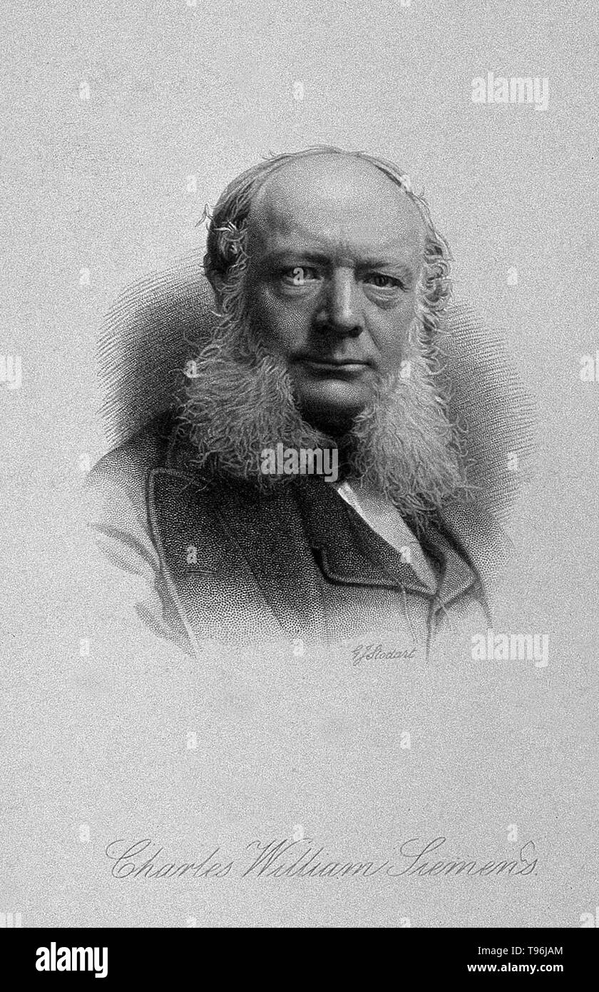 Charles William Siemens (4 avril 1823 - 19 novembre 1883) était un ingénieur allemand qui, pour la plus grande partie de sa vie a travaillé en Grande-Bretagne et plus tard est devenu un sujet britannique. La chaudière à récupération est sa plus grande invention unique en utilisant le procédé Siemens-Martin processus. Le pyromètre électrique, qui est peut-être la plus élégante et originale de l'ensemble de ses inventions, est aussi le lien qui relie son installation électrique avec ses recherches métallurgiques. Banque D'Images