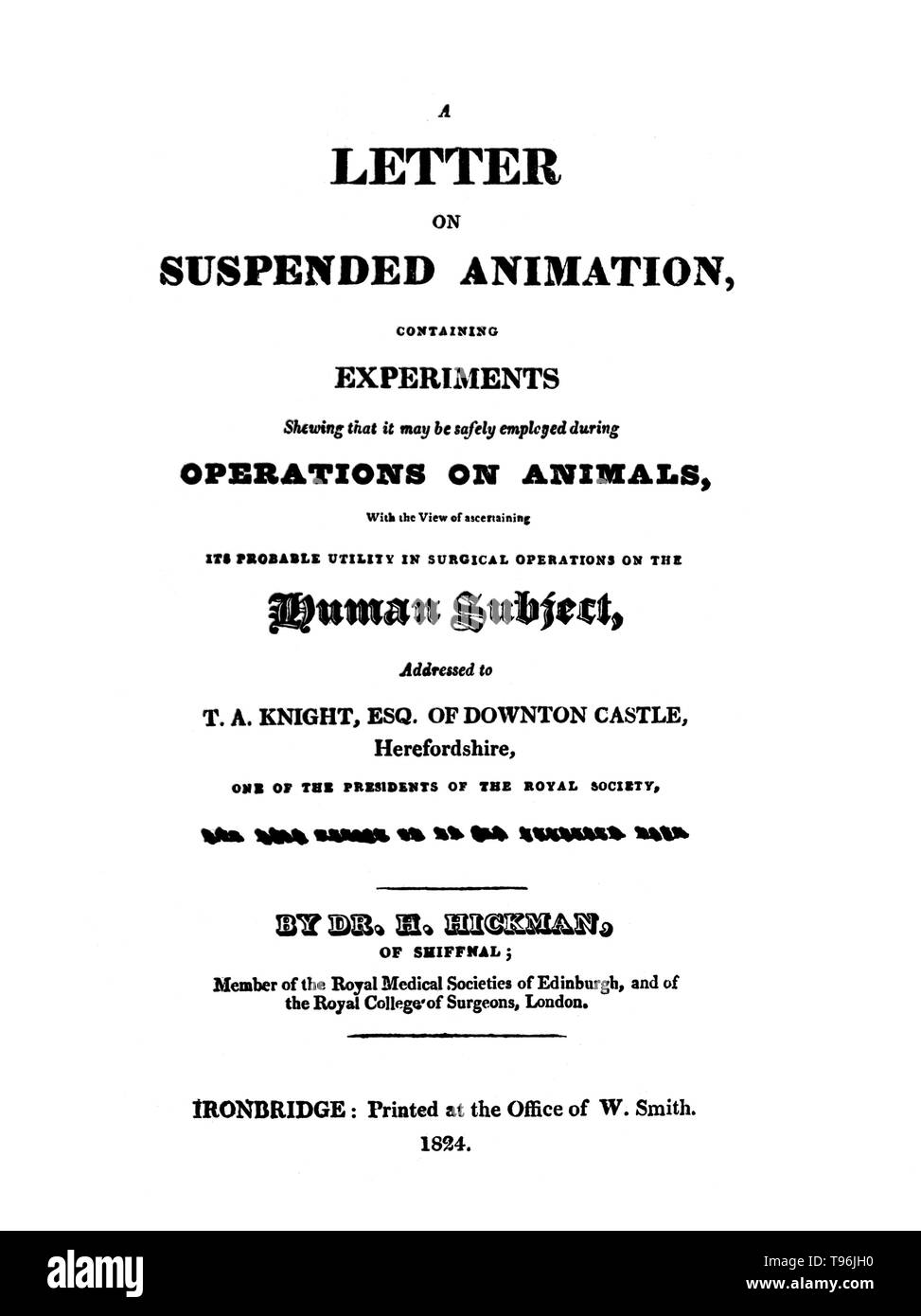 Henry Hill Hickman (27 janvier 1800 - 2 Avril, 1830) était un médecin anglais et promoteur de l'anesthésie. Il a commencé sa formation médicale à l'École de médecine d'Édimbourg âgés de 16 ans et laissé sans diplôme, ce qui était normal à l'époque. Il a été admis comme membre du Collège royal des chirurgiens de Londres en 1820.Après les qualifications, il a commencé sa carrière médicale en 1821, et au début de 1823, il a commencé des expériences sur animaux horribles en anesthésie. Banque D'Images