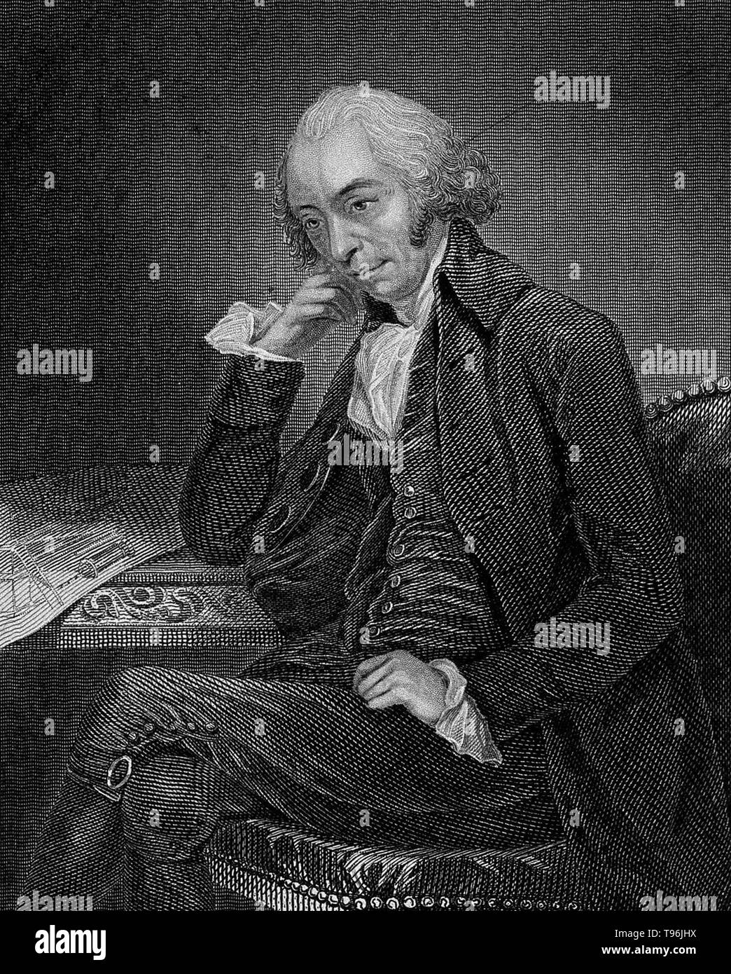 James Watt (30 janvier 1736 - 25 août 1819) était un inventeur et ingénieur écossais dont les améliorations à la machine à vapeur Newcomen étaient fondamentales pour les changements apportés par la révolution industrielle. Watt a introduit une amélioration de la conception, le condenseur séparé, permettant d'éviter ce gaspillage d'énergie et améliorer radicalement le pouvoir, l'efficacité et le rapport coût-efficacité des moteurs à vapeur. Banque D'Images