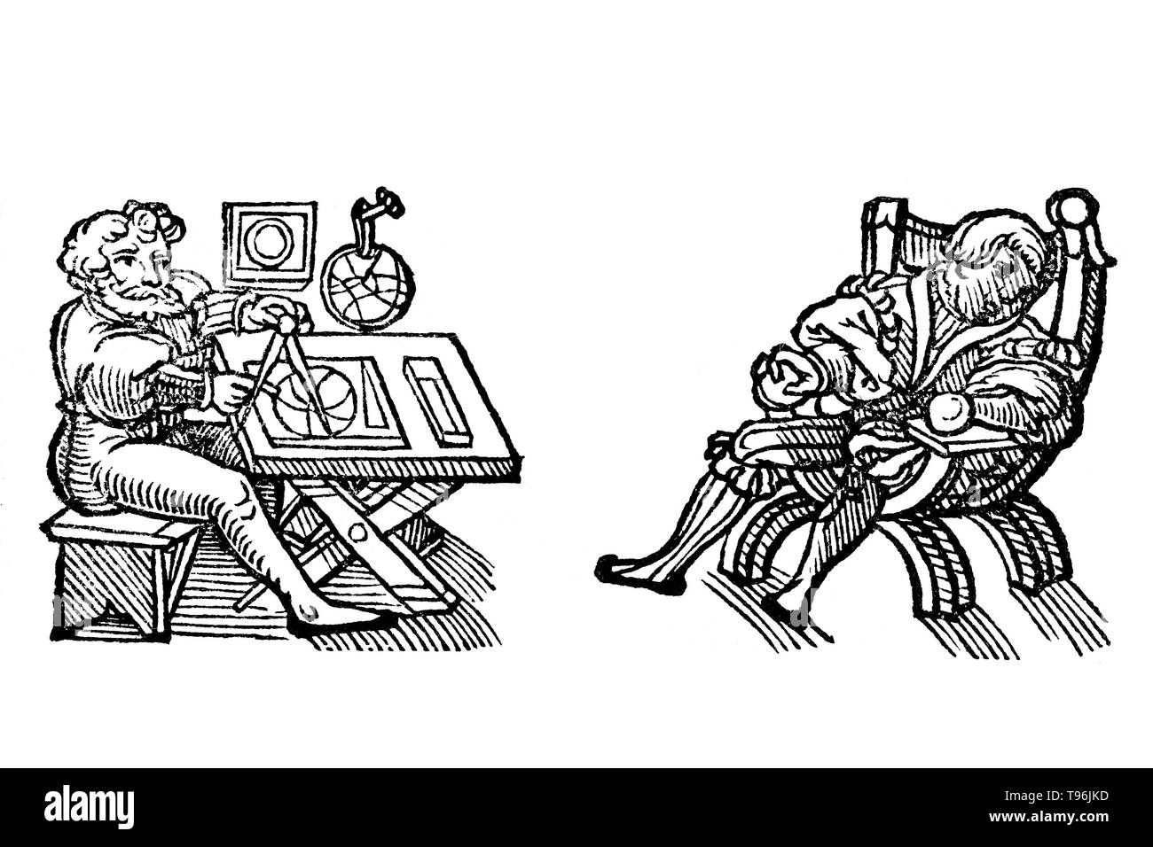 Gravure sur bois illustration de Der gantzen Artzenei, 1542. Johann Dryander (Eichmann) (27 juin 1500 - 20 décembre 1560) était un anatomiste allemand, astronome et médecin. En 1535, il est nommé professeur de médecine à l'Université de Marburg. Dryander a été l'un des premiers auteurs de manuels pour illustrer de gravures sur bois et le premier à illustrer une forme galénique de la dissection du cerveau humain. Une édition augmentée de ce livre au début, le sea Anatomiae avant, a été publié en 1537. Banque D'Images