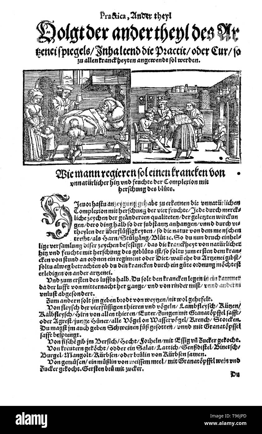 Page et l'illustration à partir de la gravure sur bois, 1542 Artzenei Der gantzen. Johann Dryander (Eichmann) (27 juin 1500 - 20 décembre 1560) était un anatomiste allemand, astronome et médecin. En 1535, il est nommé professeur de médecine à l'Université de Marburg. Dryander a été l'un des premiers auteurs de manuels pour illustrer de gravures sur bois et le premier à illustrer une forme galénique de la dissection du cerveau humain. Une édition augmentée de ce livre au début, le sea Anatomiae avant, a été publié en 1537. Banque D'Images