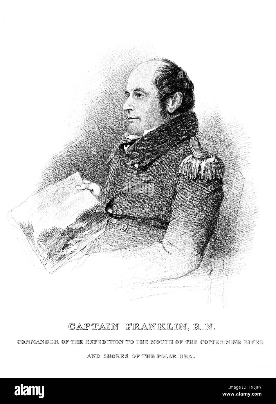 Contre-amiral Sir John Franklin (16 avril 1786 - 11 juin 1847) était un officier de la Royal Navy et explorateur de l'Arctique. En 1819, Franklin a été choisi pour mener une expédition par route depuis la baie d'Hudson afin de tracer la côte nord du Canada vers l'Est de l'embouchure de la rivière Coppermine. Il a perdu 11 des 20 hommes de son parti. La plupart des morts de faim, mais il y avait aussi au moins un meurtre et des suggestions de cannibalisme. Banque D'Images