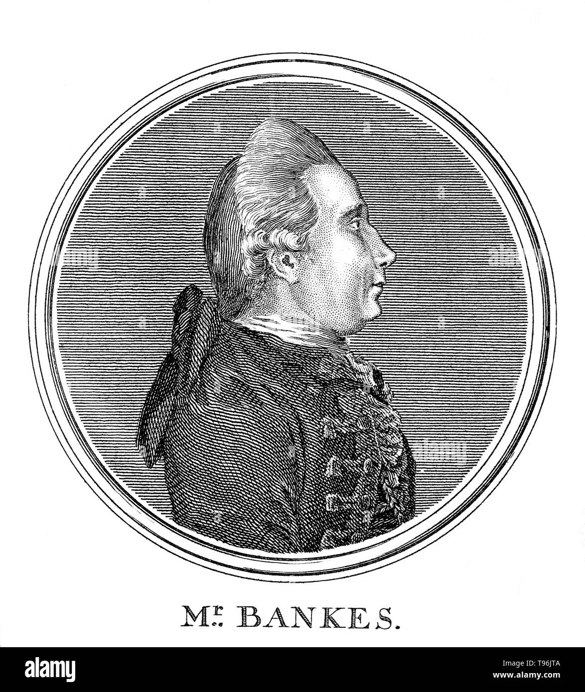 Sir Joseph Banks, 1 baronnet (Février 24, 1743 - Juin 19, 1820), naturaliste et botaniste anglais. Banks a fait son nom sur l'histoire naturelle 1766 expédition à Terre-Neuve et Labrador. Il a pris part au premier grand voyage de Cook (1768-71), en visite au Brésil, Tahiti, Nouvelle-Zélande, et en Australie. Il a occupé le poste de président de la Société royale pour plus de 41 ans. Banque D'Images