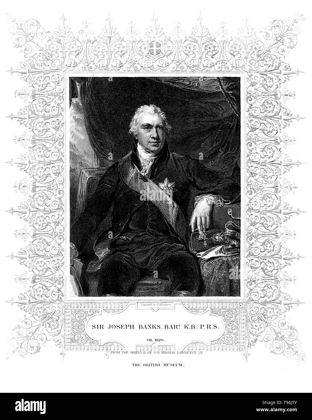 Sir Joseph Banks, 1 baronnet (Février 24, 1743 - Juin 19, 1820), naturaliste et botaniste anglais. Banks a fait son nom sur l'histoire naturelle 1766 expédition à Terre-Neuve et Labrador. Il a pris part au premier grand voyage de Cook (1768-71), en visite au Brésil, Tahiti, Nouvelle-Zélande, et en Australie. Il a occupé le poste de président de la Société royale pour plus de 41 ans. Banque D'Images