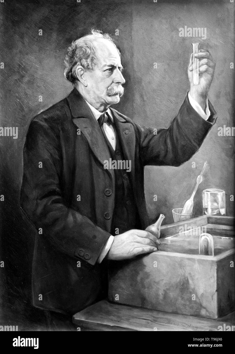 Pierre Eugène Marcellin Berthelot (Octobre 25, 1827 - Mars 18, 1907) était un chimiste et homme politique français connu pour le Thomsen-Berthelot principe de thermochimie qui soutient que tous les changements chimiques sont accompagnés par la production de chaleur et que les processus qui se produisent sont celles où le plus de chaleur est produite. Il fait la synthèse de nombreux composés organiques à partir de substances inorganiques et réfuté la théorie de vitalisme. Il est considéré comme l'un des plus grands chimistes de tous les temps. Banque D'Images