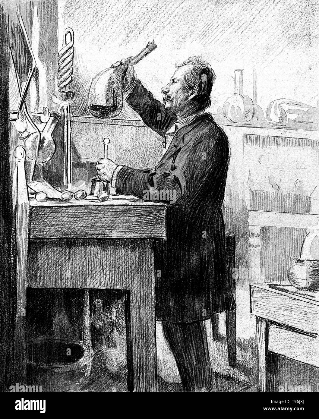 Pierre Eugène Marcellin Berthelot (Octobre 25, 1827 - Mars 18, 1907) était un chimiste et homme politique français connu pour le Thomsen-Berthelot principe de thermochimie qui soutient que tous les changements chimiques sont accompagnés par la production de chaleur et que les processus qui se produisent sont celles où le plus de chaleur est produite. Il fait la synthèse de nombreux composés organiques à partir de substances inorganiques et réfuté la théorie de vitalisme. Il est considéré comme l'un des plus grands chimistes de tous les temps. Banque D'Images