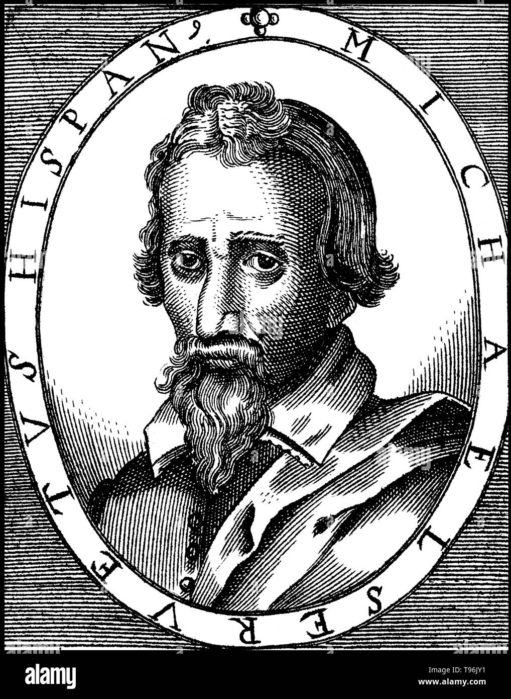 Michael Servetus (Septembre 29, 1509 ou 1511 - 27 octobre 1553) était un théologien espagnol, médecin, cartographe, et humaniste. Il a été le premier Européen à décrire correctement la fonction de la circulation pulmonaire. Ses intérêts inclus plusieurs sciences : les mathématiques, l'astronomie et la météorologie, la géographie, l'anatomie humaine, médecine et pharmacologie, ainsi que sur la jurisprudence, et l'étude de la Bible dans sa langue originale. Banque D'Images
