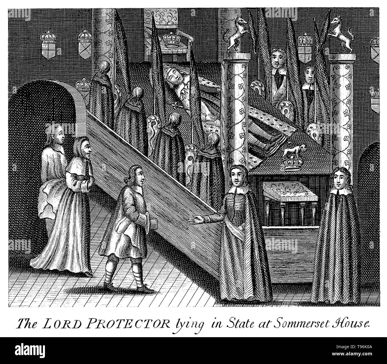 Le Seigneur Protecteur, Oliver Cromwell, couché dans la région de Somerset House, entouré de personnes en deuil. Oliver Cromwell (25 avril 1599 - 3 septembre 1658) était un chef militaire et politique. Il a occupé le poste de lord protecteur du Commonwealth de l'Angleterre, d'Écosse et d'Irlande à partir de 1653 jusqu'à sa mort, agissant à la fois en tant que chef de l'État et chef du gouvernement de la nouvelle république. Banque D'Images