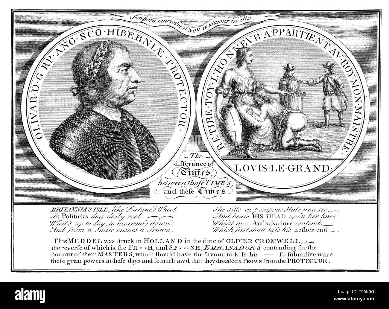 Oliver Cromwell (à gauche) et le protecteur à genoux avec sa tête sur les genoux de Britannia (à droite) : deux cocardes. Oliver Cromwell (25 avril 1599 - 3 septembre 1658) était un chef militaire et politique. Il a occupé le poste de lord protecteur du Commonwealth de l'Angleterre, d'Écosse et d'Irlande à partir de 1653 jusqu'à sa mort, agissant à la fois en tant que chef de l'État et chef du gouvernement de la nouvelle république. Banque D'Images