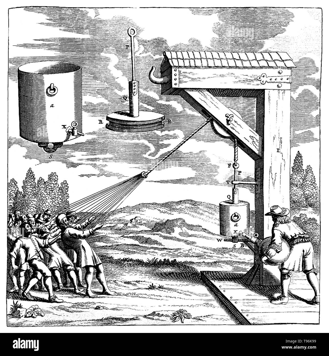 Vide piston Ratisbonne expérience réalisée en 1654. Cette démonstration de la pression atmosphérique n'avait plus de 20 hommes en tirant sur des cordes à défaut d'empêcher la fermeture d'un piston comme l'air est pompé à partir d'un cylindre, formant un vide. Otto von Guericke (Novembre 30, 1602 - Mai 21, 1686) était un scientifique allemand, inventeur et homme politique américain. Banque D'Images