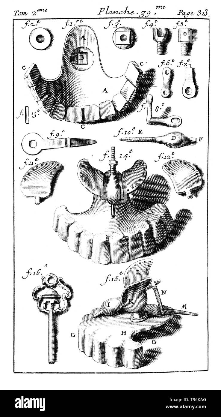 Outils utilisés avec prothèse dentaire. Tome 2. Planche 39. La page 313. Pierre Fauchard (1678 - 22 mars 1761) était un médecin français, considéré comme étant le père de la dentisterie moderne. Il est largement connu pour être la première description scientifique de la médecine dentaire, Le Chirurgien dentiste (chirurgien dentiste), le publié en 1728. Banque D'Images