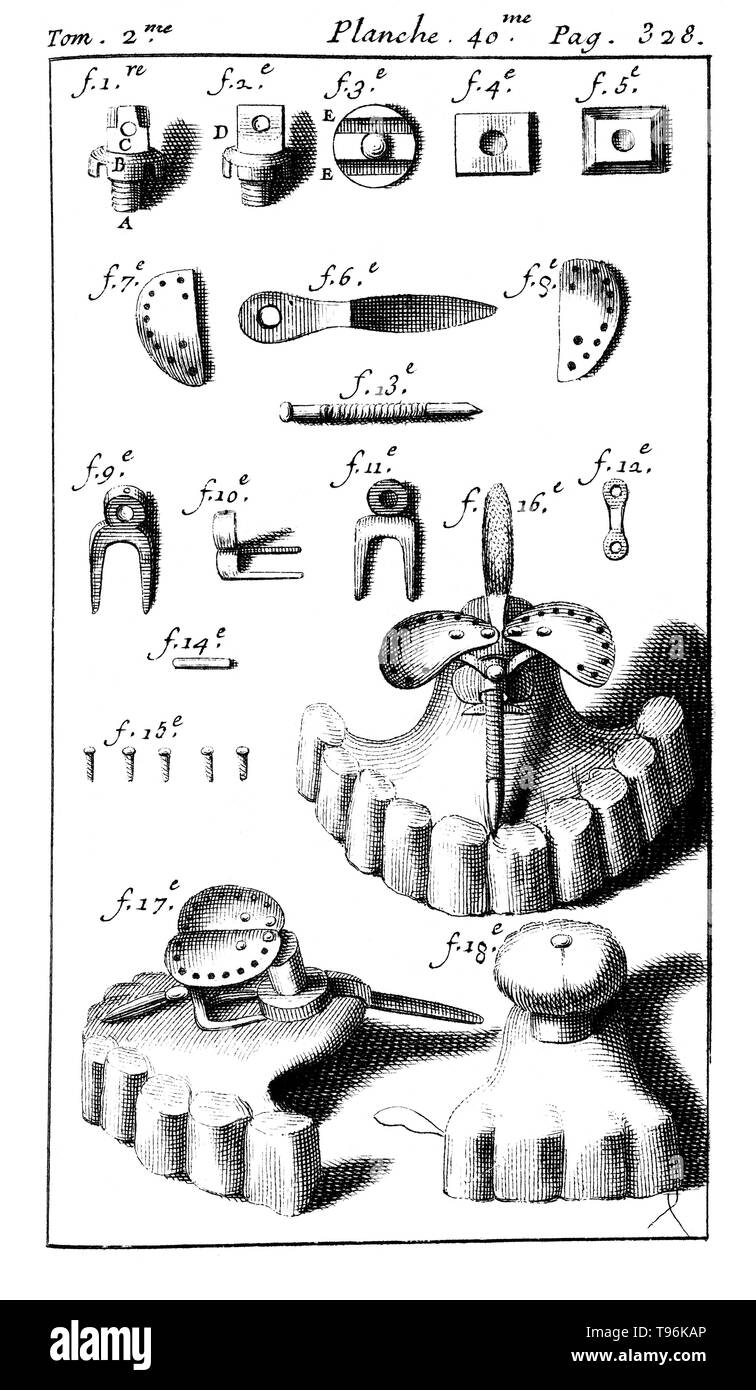 Utilisé avec les outils dentaires Prothèses dentaires. Tome 2. Planche 40. La page 328. Pierre Fauchard (1678 - 22 mars 1761) était un médecin français, considéré comme étant le père de la dentisterie moderne. Il est largement connu pour être la première description scientifique de la médecine dentaire, Le Chirurgien dentiste (chirurgien dentiste), le publié en 1728. Banque D'Images