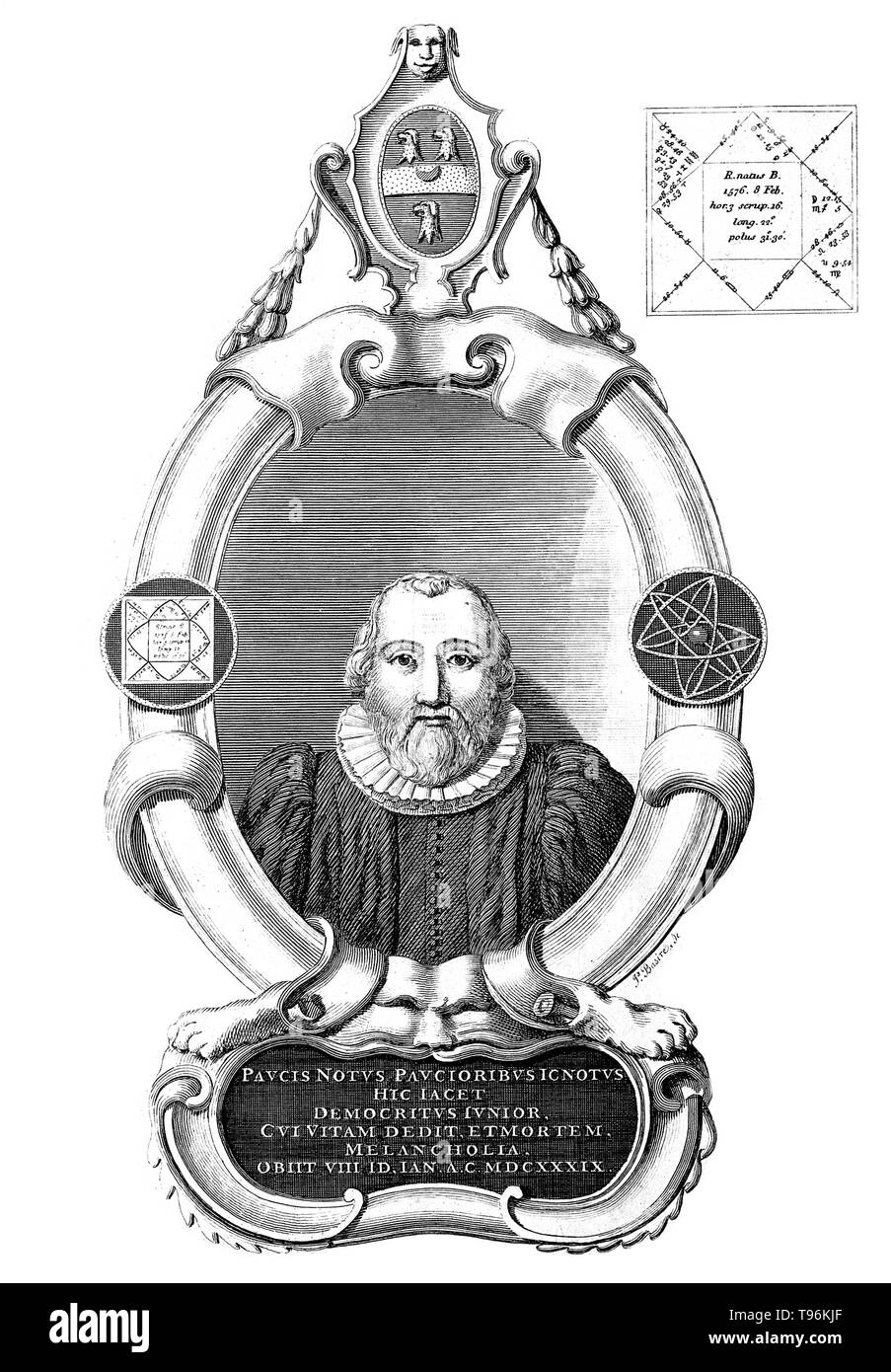 Robert Burton (8 février 1577 - 25 janvier 1640) était un érudit et auteur. Il a étudié un grand nombre de sujets divers, dont un grand nombre a informé l'étude de la mélancolie, pour lequel il est surtout célèbre. En 1621, il publie l'anatomie de la mélancolie. Bien que présenté comme un texte médical, de l'anatomie de la mélancolie est autant un travail de littérature, comme c'est un texte scientifique ou philosophique, et Burton aborde bien plus que son sujet. Banque D'Images