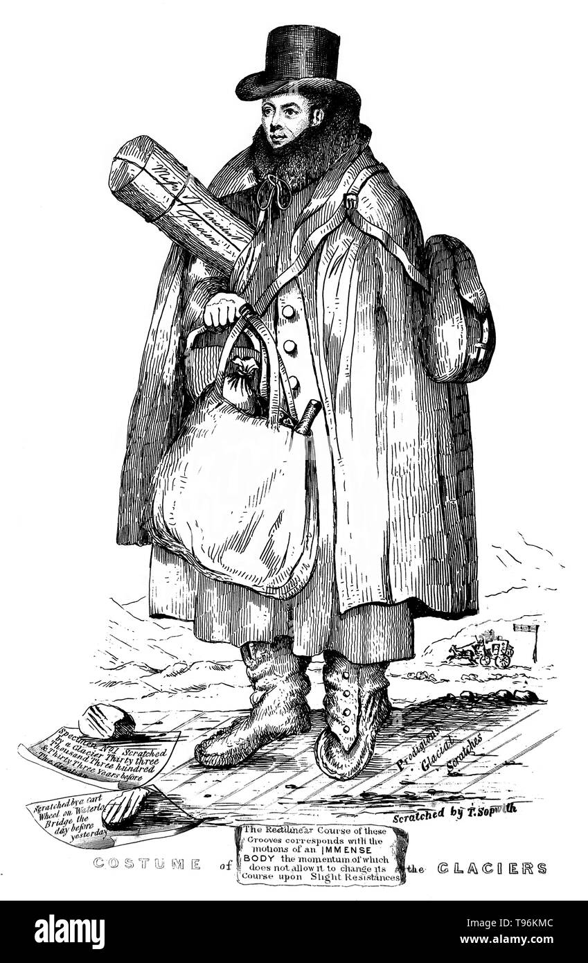 William Buckland, de Gravure satirique par T. Sopwith, en costume des Glaciers. William Buckland (Mars 12, 1784 - Août 14, 1856) le géologue et paléontologue anglais qui a écrit le premier compte rendu complet d'un dinosaure fossile, qu'il appelle "egalosaurus,' ou 'grand lézard." Il a été un pionnier dans l'utilisation des excréments fossilisés, pour lequel il a inventé le terme coprolites, de reconstruire d'écosystèmes anciens. Banque D'Images