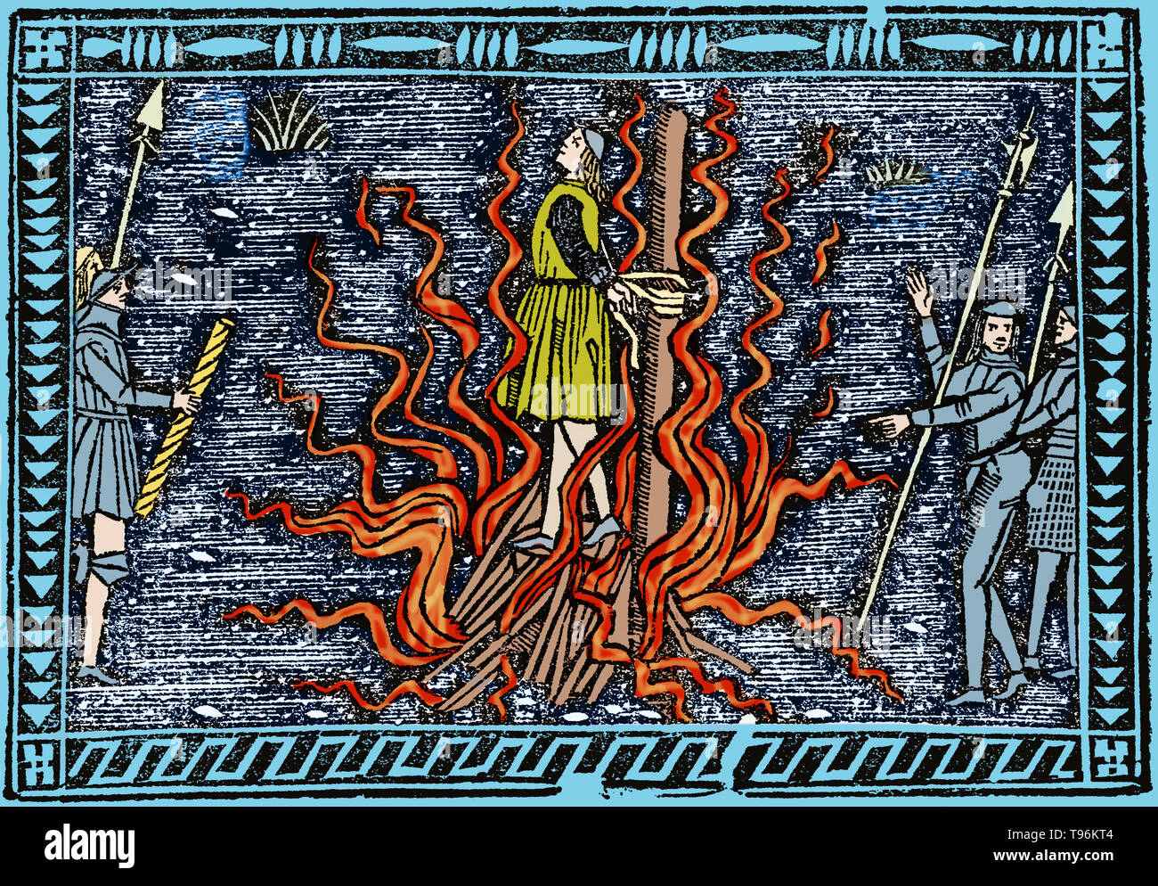 Jeanne d'Arc (6 janvier 1412 - 30 mai 1431) Héroïne nationale de la France et un saint catholique. Un paysan né dans l'est de la France qui a déclaré la direction divine, elle a dirigé l'armée française à plusieurs victoires importantes pendant la Guerre de Cent Ans, qui a ouvert la voie pour le couronnement de Charles VII. Elle a été capturée par les Bourguignons, vendus à l'anglais, jugé par un tribunal ecclésiastique, et brûlé sur le bûcher quand elle avait 19 ans. Banque D'Images