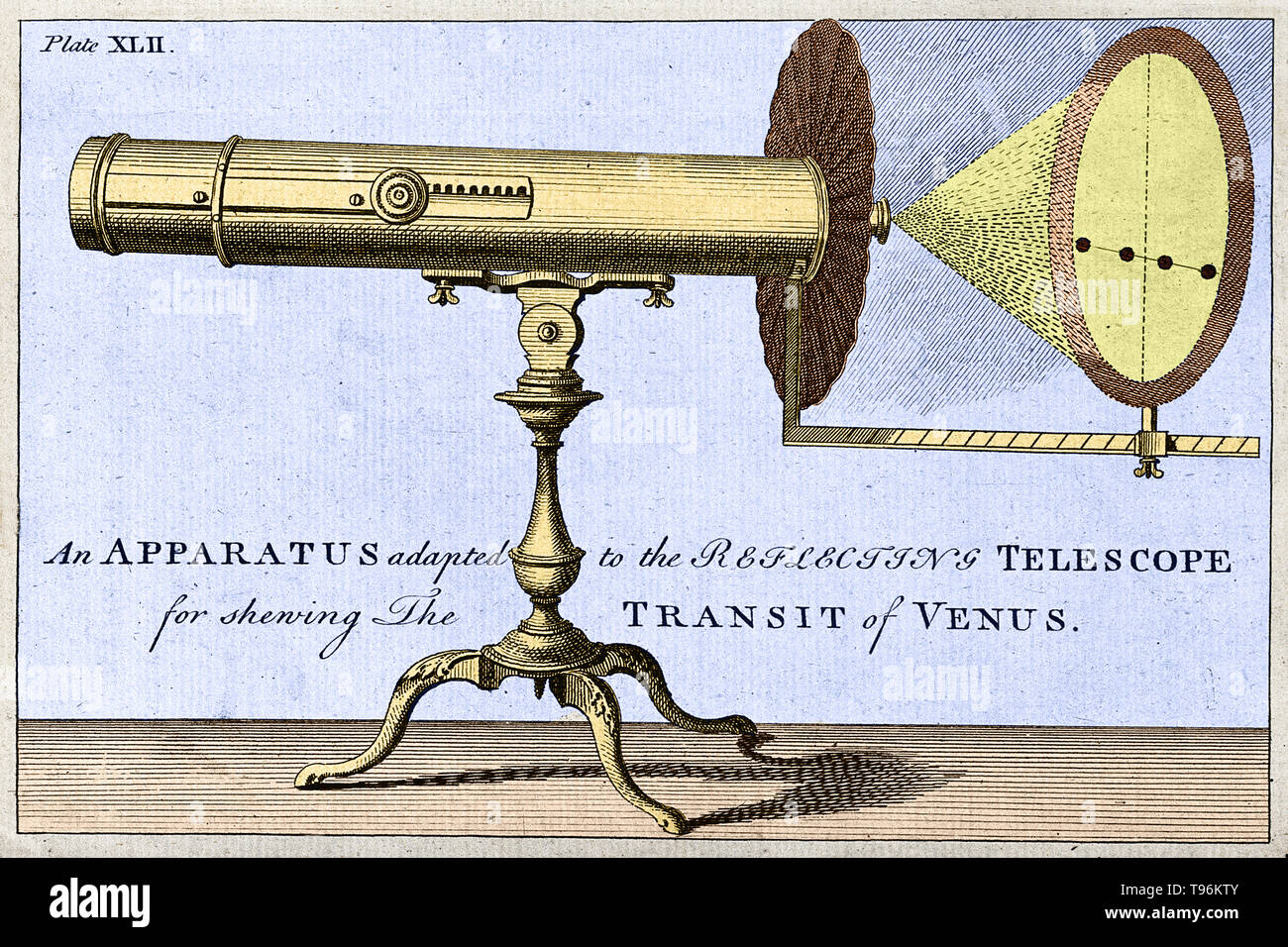 Gravure d'un grand télescope, et une projection du transit de Vénus. Ce schéma, intitulée "Un appareil adapté au télescope pour shewing the Transit of Venus', paru dans 'Le Benjamin Martin du jeune homme et dame de philosophie', publié entre 1755 et 1763 dans le magazine général et qui ont pour but d'expliquer les principes d'astronomie pour les astronomes amateurs. Les transits de Vénus sur le disque du soleil sont parmi les plus rares des alignements planétaires. Banque D'Images