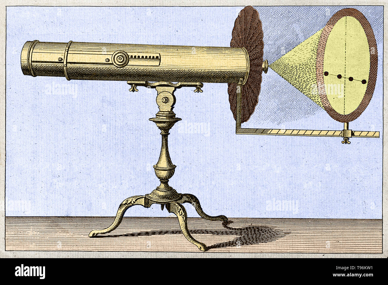 Gravure d'un grand télescope, et une projection du transit de Vénus. Ce schéma, intitulée "Un appareil adapté au télescope pour shewing the Transit of Venus', paru dans 'Le Benjamin Martin du jeune homme et dame de philosophie', publié entre 1755 et 1763 dans le magazine général et qui ont pour but d'expliquer les principes d'astronomie pour les astronomes amateurs. Les transits de Vénus sur le disque du soleil sont parmi les plus rares des alignements planétaires. Banque D'Images