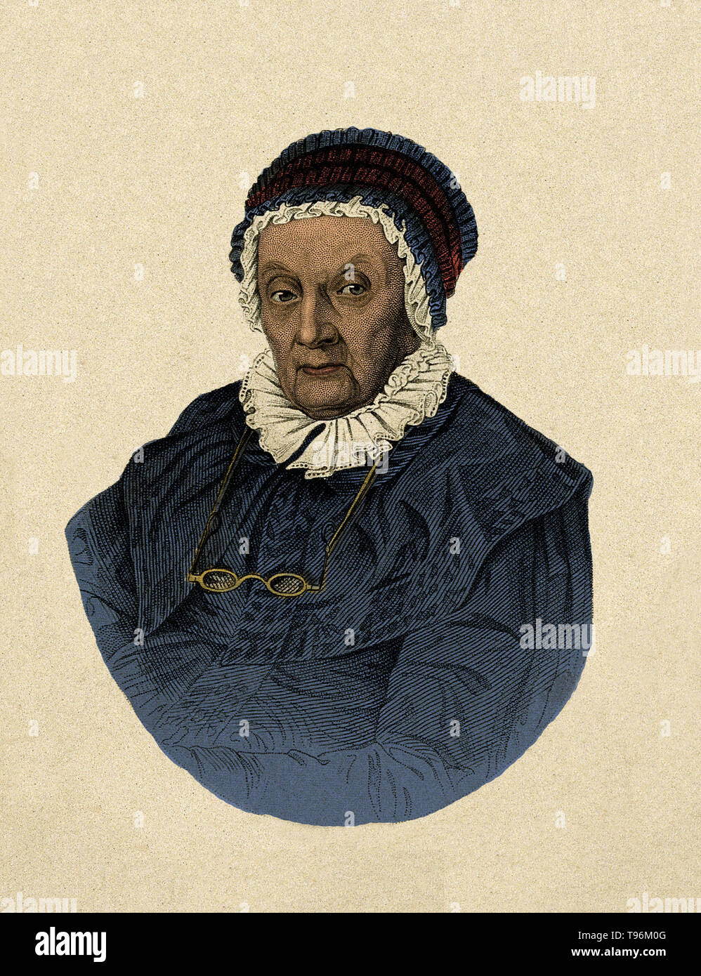 Caroline Herschel, âgé de 92 ans. Gravure crépi par Joseph Brown. Caroline Lucretia Herschel (16 mars 1750 - 9 janvier 1848) était un astronome allemand. À l'âge de 10 ans, Caroline a été frappé avec le typhus et subi une perte de vision dans l'oeil gauche à la suite de sa maladie. Sa mère a estimé qu'il était mieux pour elle de s'entraîner pour être un serviteur de la chambre plutôt que de devenir éduqué conformément aux souhaits de son père. Banque D'Images