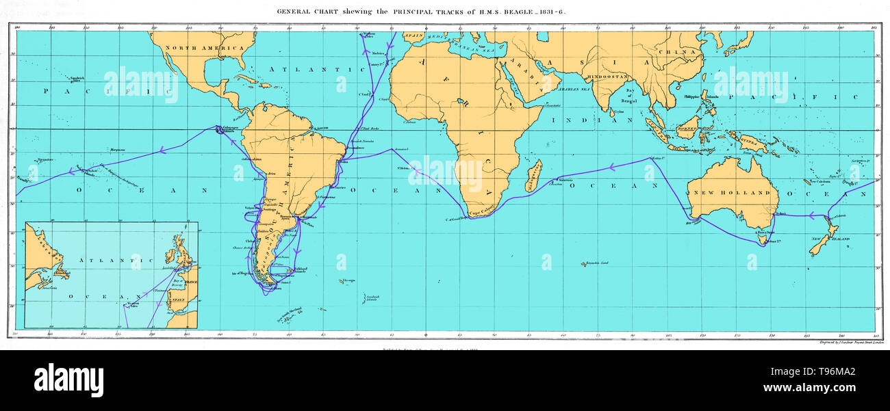 Tracer la carte de voyage de H.M.S. Beagle, 1831-36. Le Beagle a effectué pendant le voyage de Charles Darwin qui a inspiré sa théorie de l'évolution. Charles Darwin (1809-1882) était un naturaliste et géologue. Banque D'Images