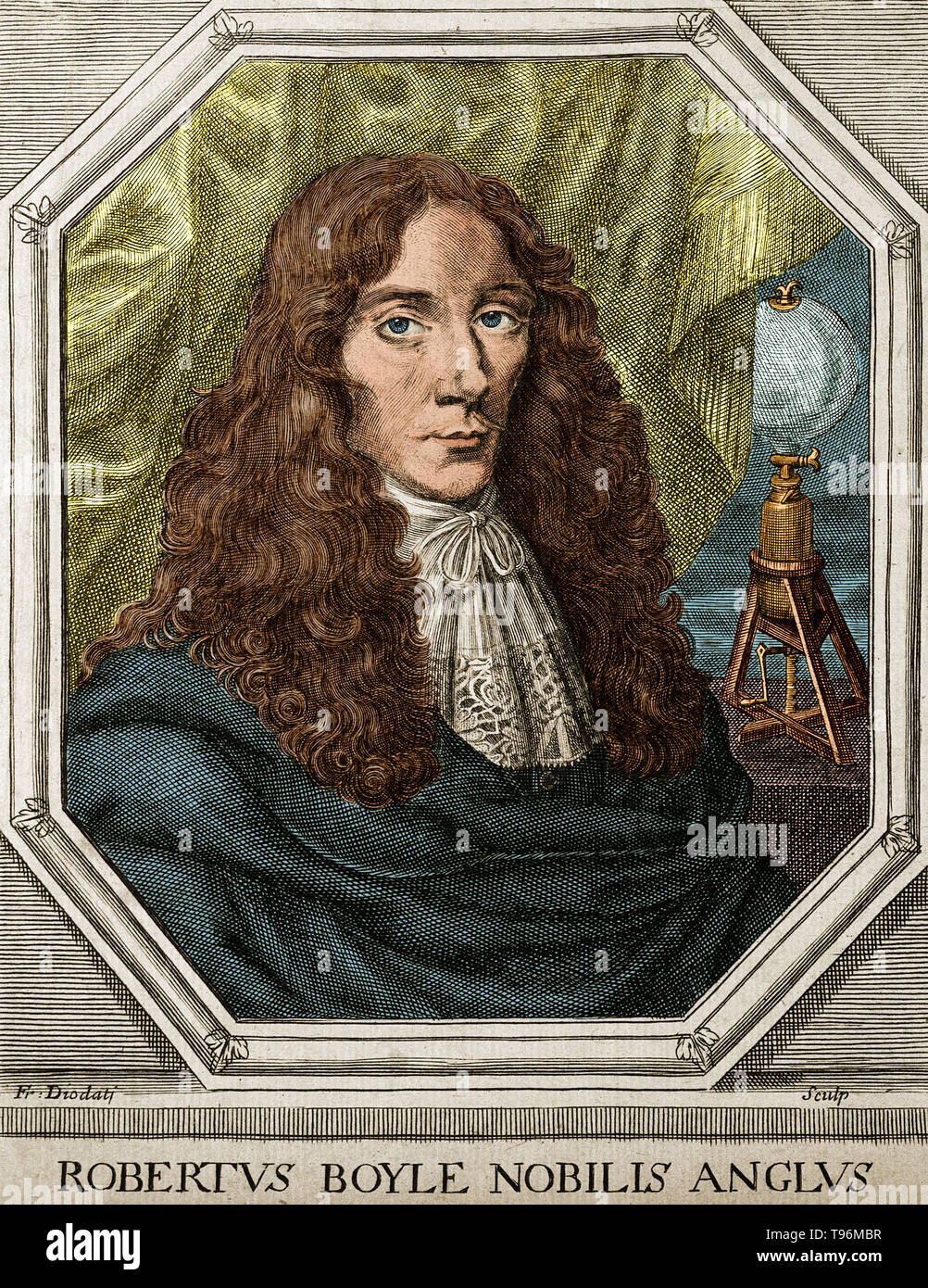 Robert Boyle (1627-1691) était un philosophe naturel, chimiste, physicien et inventeur. Il est considéré aujourd'hui comme le premier chimiste moderne, et l'un des pionniers de la méthode scientifique expérimentale moderne. Banque D'Images