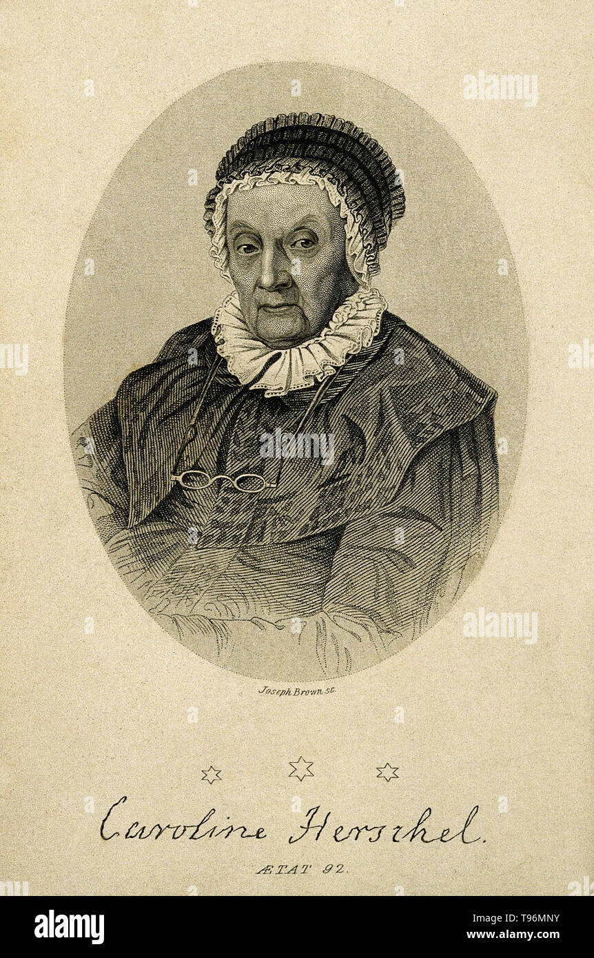 Caroline Herschel, âgé de 92 ans. Gravure crépi par Joseph Brown. Caroline Lucretia Herschel (16 mars 1750 - 9 janvier 1848) était un astronome allemand. À l'âge de 10 ans, Caroline a été frappé avec le typhus et subi une perte de vision dans l'oeil gauche à la suite de sa maladie. Sa mère a estimé qu'il était mieux pour elle de s'entraîner pour être un serviteur de la chambre plutôt que de devenir éduqué conformément aux souhaits de son père. Banque D'Images